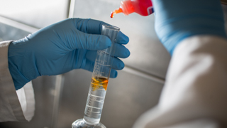 Close up on two gloved hands adding liquid to a measuring beaker