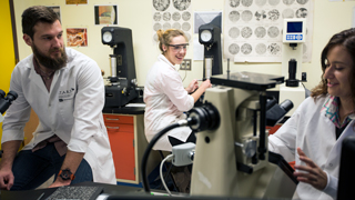 A group of researchers sitting in a lab talking.